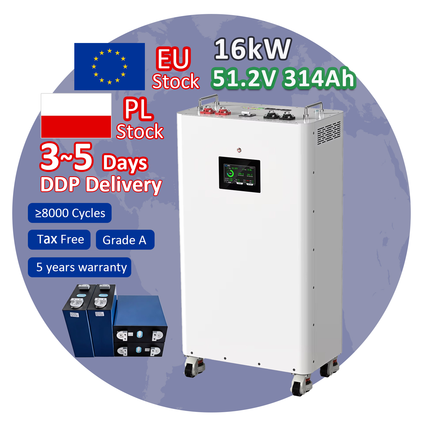 EU Stock 15kWh 8000 Cycles Mobile Lifepo4 Lithium Solar Battery Floor Home Energy Storage System 51.2V 280AH 300AH 314Ah