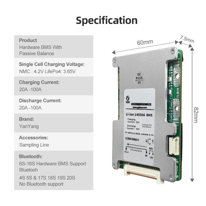 Yanyang 18650 Li-ion 48V 40AH BMS Management System Board 14S NCM Lithium Solar Battery Cell 50A 40PCB/PCBA FR-4 Material