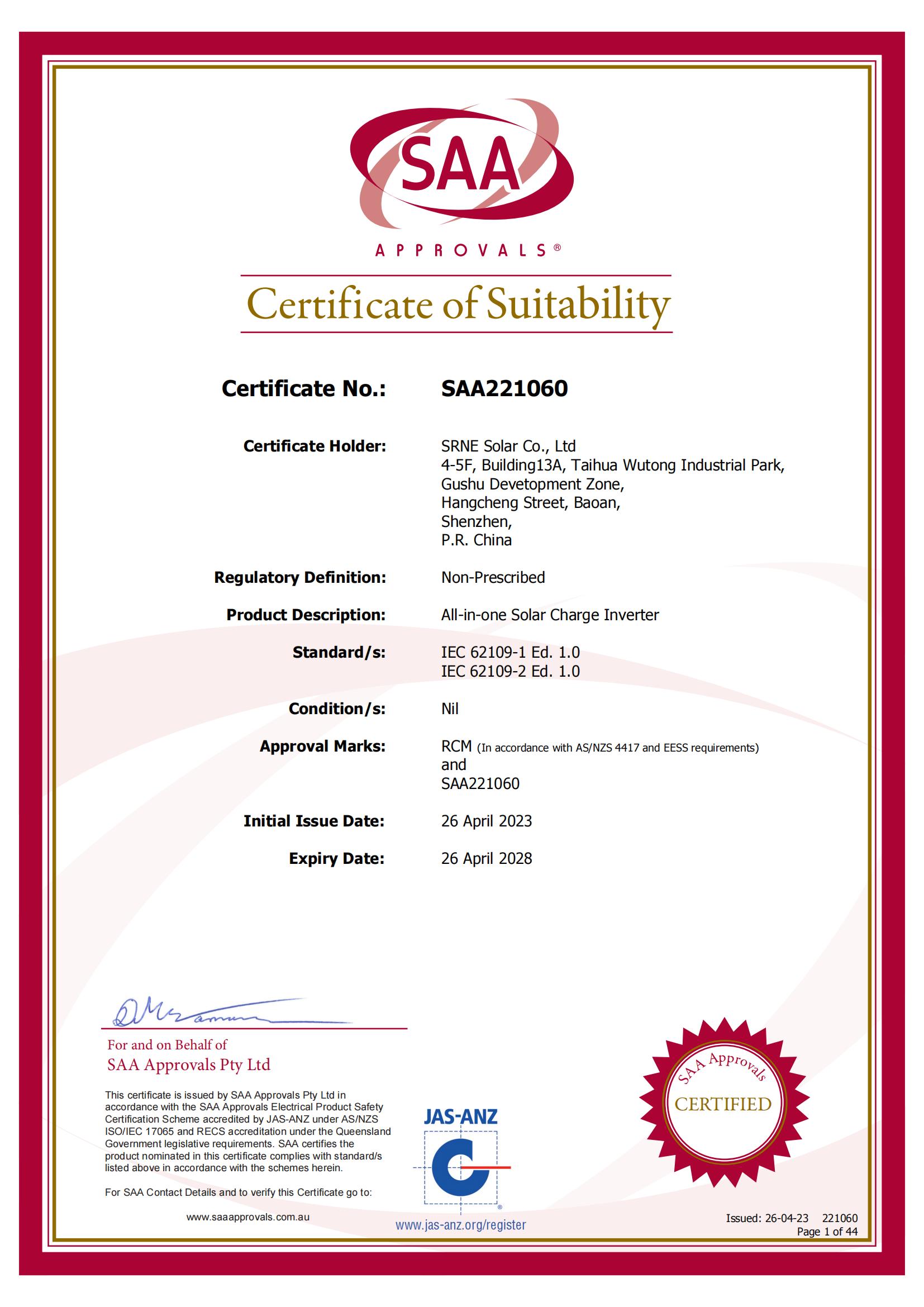 HF SAA IEC-62109 Certificate