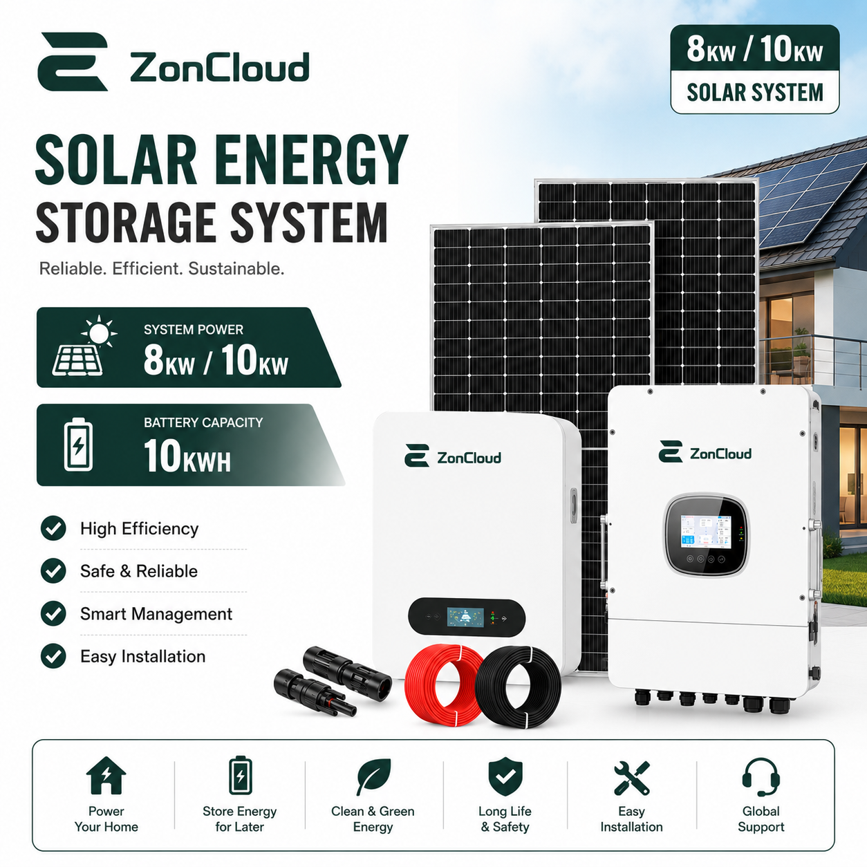 Complete Home Solar Storage System with Lithium Ion Battery and Hybrid Inverter for Hybrid Grid Use 25-Year Warranty