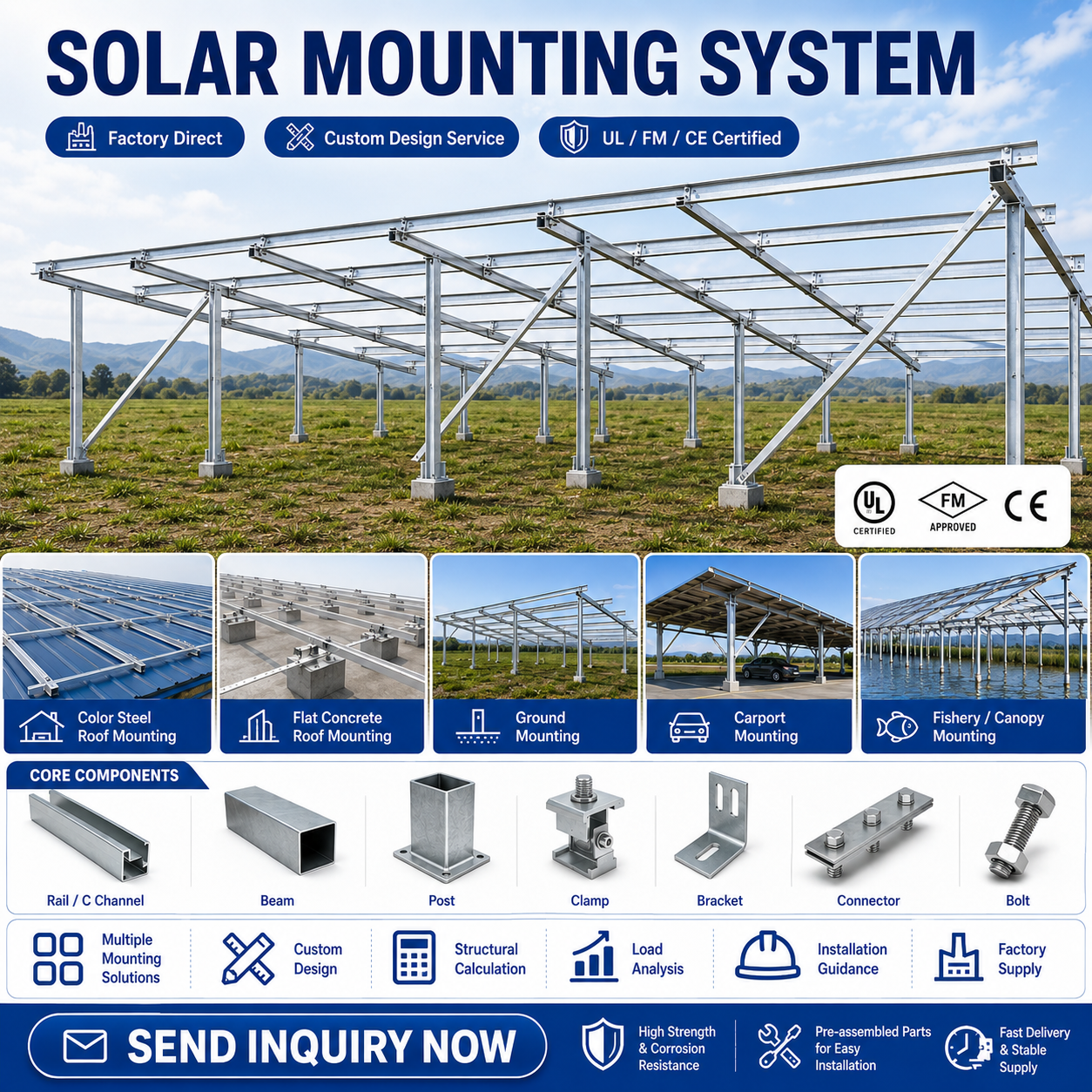 Solar Ground Mounting System Steel Mounting Structure For Utility Photovoltaic Power Plant Engineering