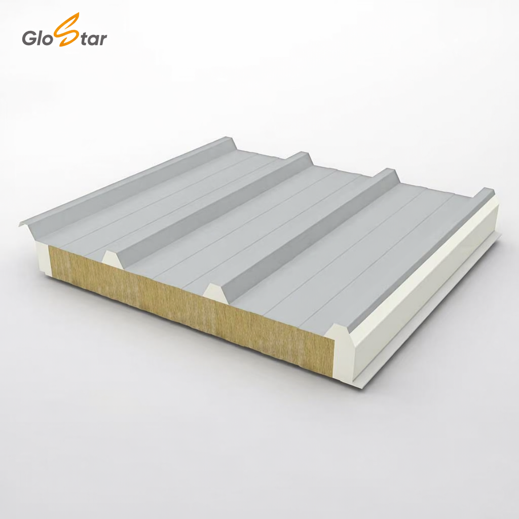 GLOSTAR Factory Supply Anti-Corrosion at Lap Joints Rock Wool PU Edgy-Sealed Steel Roof Sandwich Panel for Building Facades