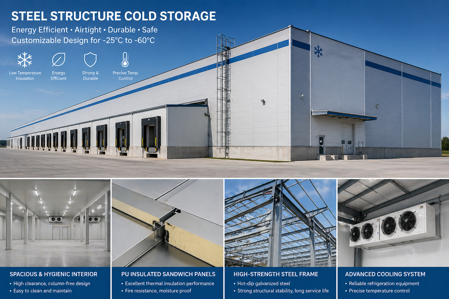 Industrial Portal Frame Steel Structure Cold Room Building PIR Insulated Panels for Vegetables Logistics