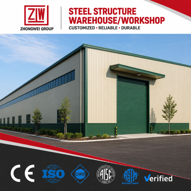 ZW Modern Prefabricated Steel Warehouse Workshop Building Large-Span Sandwich Wall Roof Panels 5-Year Warranty Wind Resistant