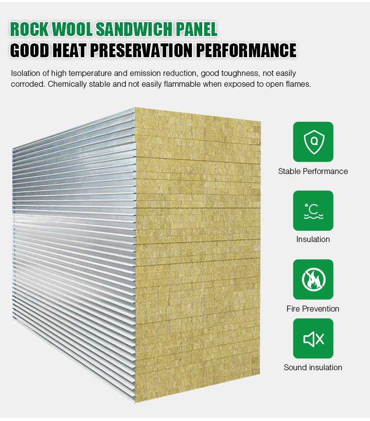 Rock Wool Sandwich Panel Eco-Friendly Anti-Corrosion Steel Plate for Exterior Wall Partition Roof Cold Rooms Sports Venues