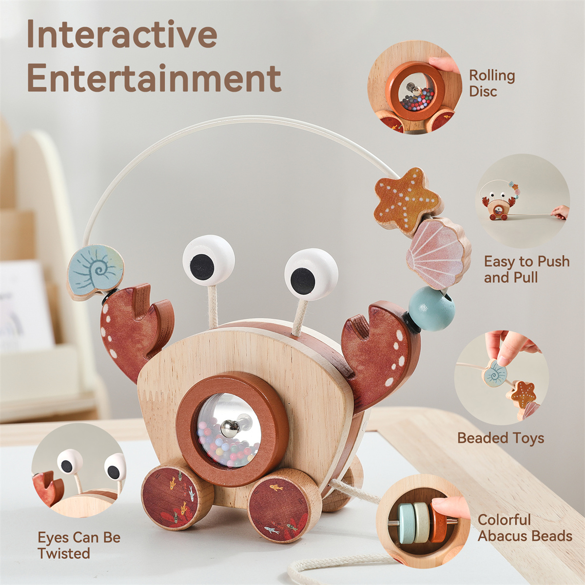 Crab Montessori Wooden Crab Pull Along Toy for Toddlers, Baby Bead Maze &amp; Rattle Educational Walking Toy Wooden Educational Toys