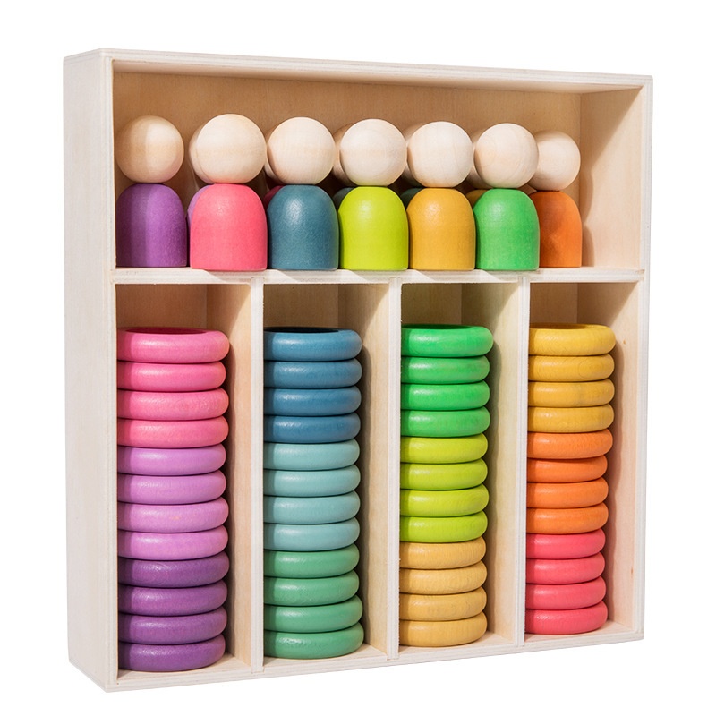 Hot Selling Rainbow Building Wooden Toys Puzzle Block Painted Wood Dolls Set for Kids Color Sorting Game Education