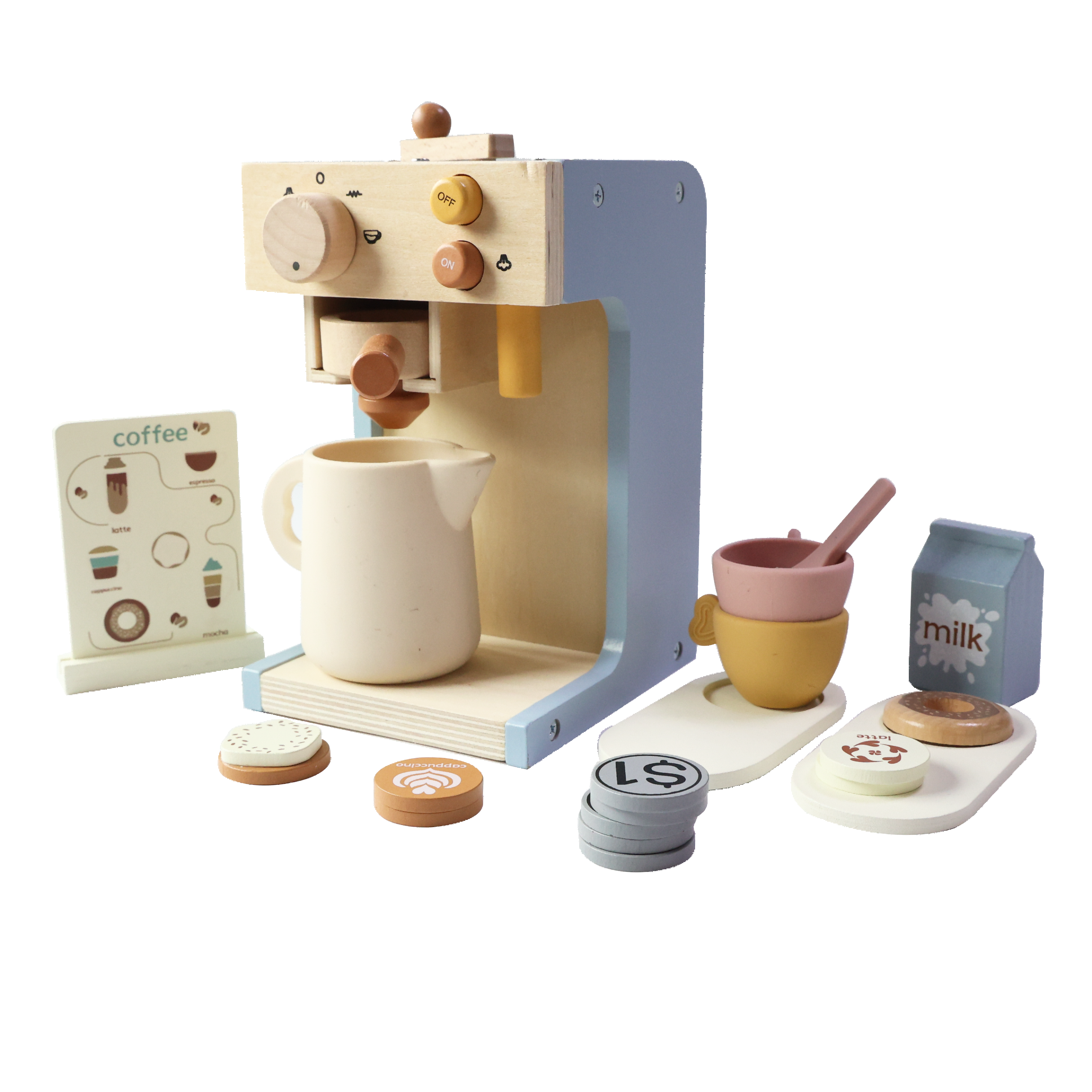 New Early Childhood Wooden Mini Kitchen Coffee Pretend Set Toys for Kids
