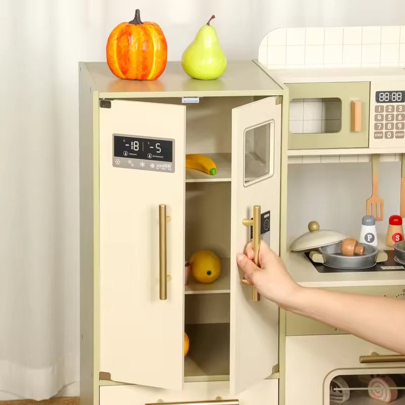 Kid Kitchen Toddler Wooden MDF Pretend Cooking Set with Microwave Role Playing Educational Toy for Child Boy Girl