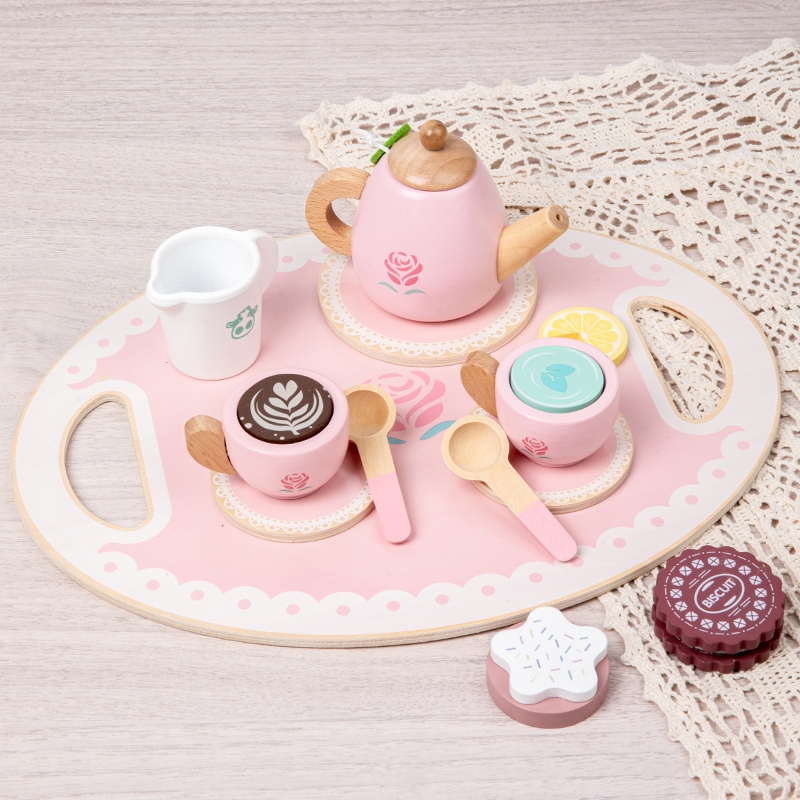 Unisex Educational Afternoon Tea Set Pretend Play Toy MDF Wooden Kitchen Play Set for Kids EN71 Certified Box Packed