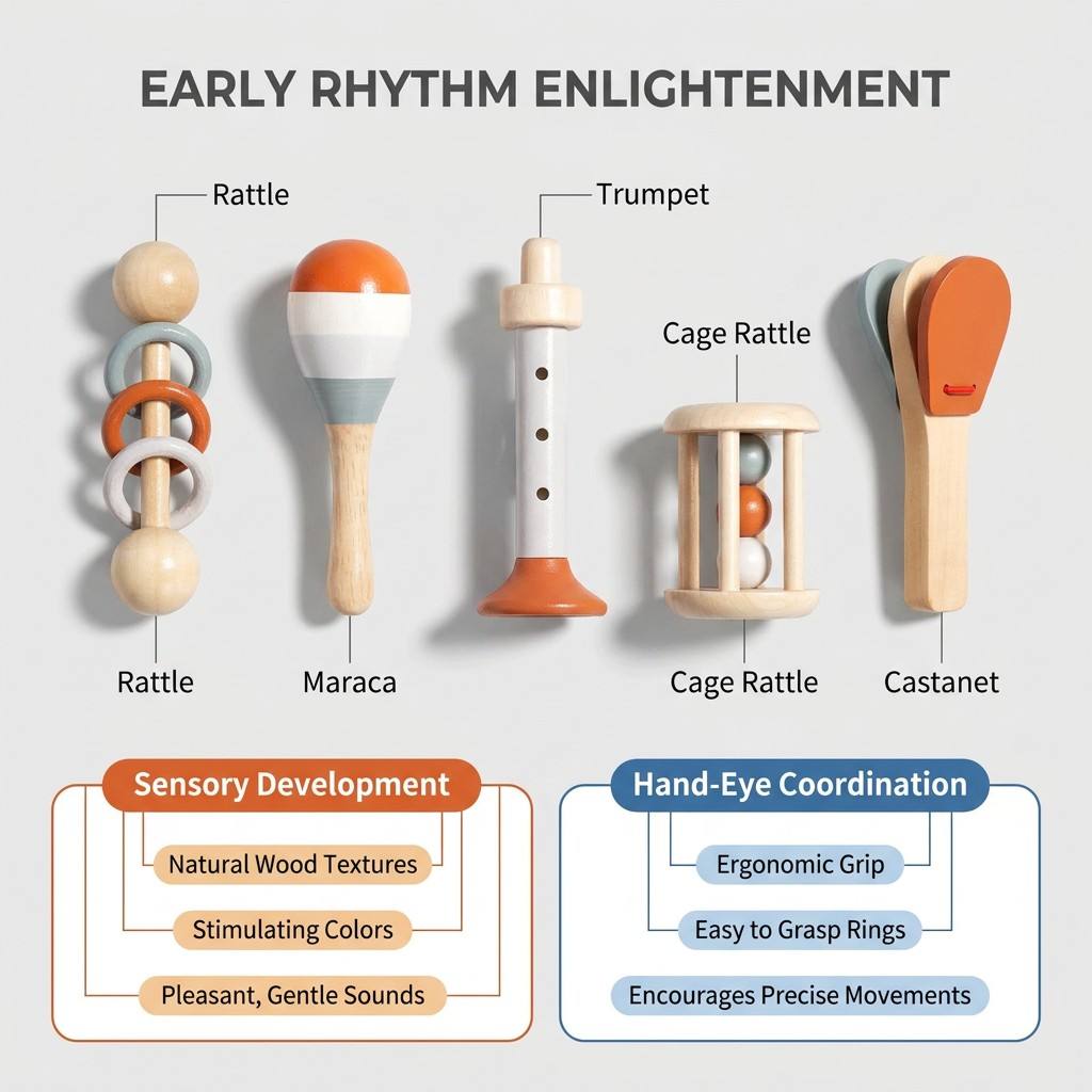 5/7 Pcs Montessori Wooden Musical Instrument Set Neutral Color Baby Sensory RattleEducational Percussion Toys for Toddlers