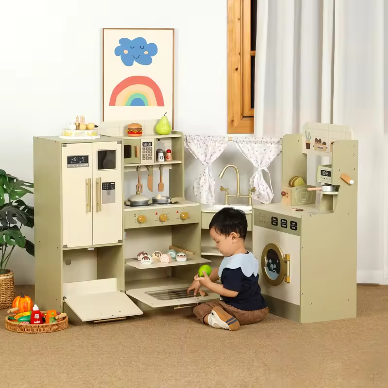 Kid Kitchen Toddler Wooden MDF Pretend Cooking Set with Microwave Role Playing Educational Toy for Child Boy Girl