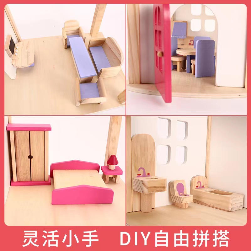 Wooden Dollhouse, Pink Princess Castle Pretend Play House, Toddler Handmade Toy for Girls Age 3+