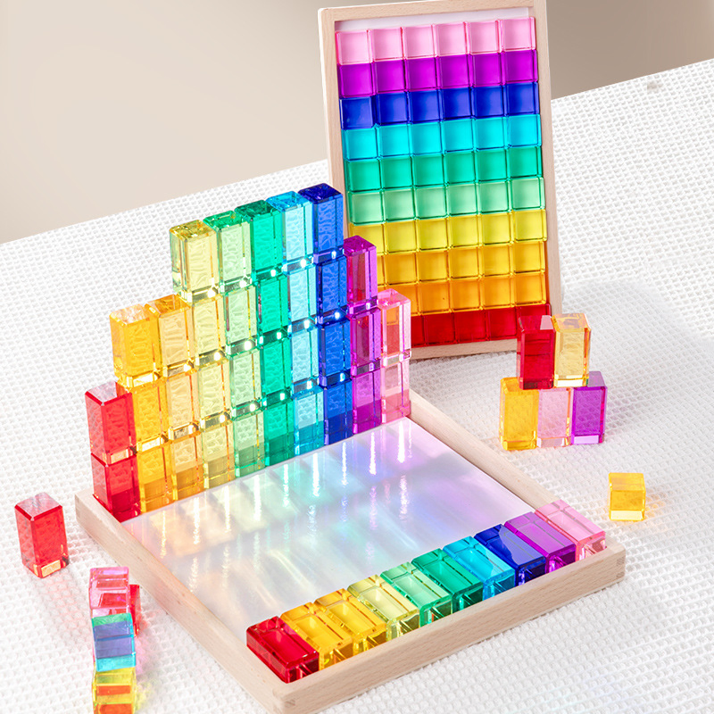 Children Transparent Eco-Friendly &amp; Colorful Stacking Cubes Montessori Educational Toys Magic Gems Acrylic Cube Wooden Building Blocks