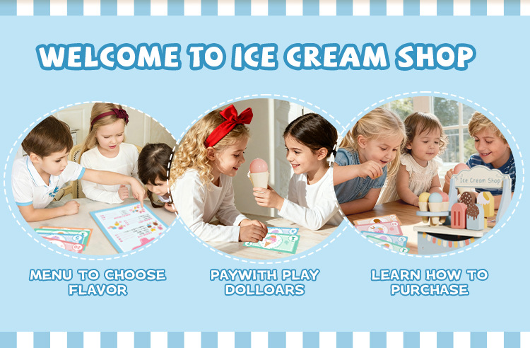Children Wooden Ice Cream Shop Play to Learn Trolley Role Play Pretend Toy Kids Early Education Wooden Kitchen Toy