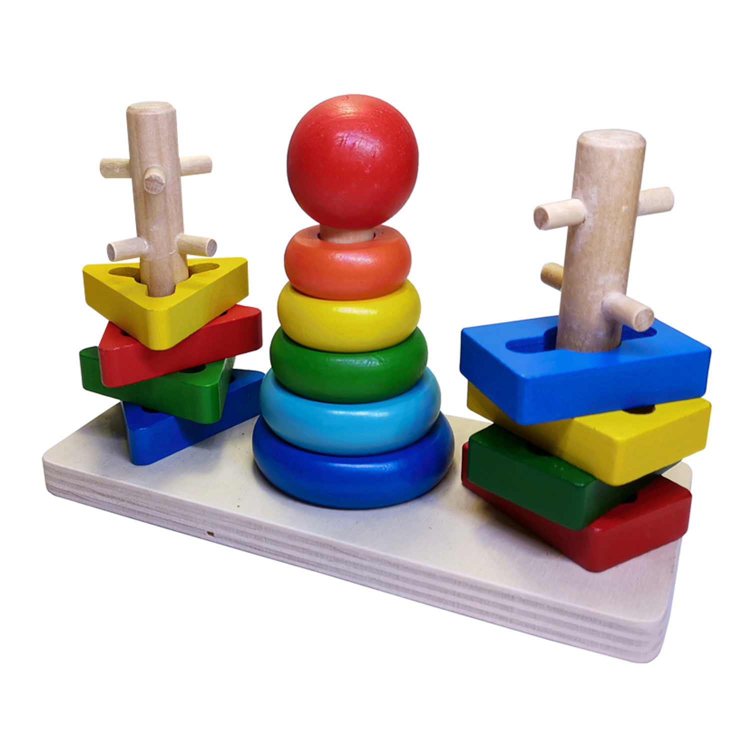 Children Toddler Educational Intelligence Game Baby Colored Wooden Rainbow Three Column Stacker Tower Ring Stacking Wood Toys