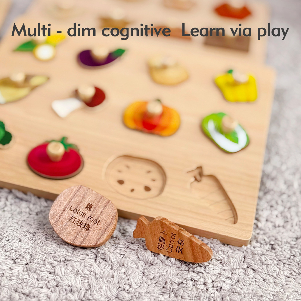 Wooden Montessori Educational Toys for Toddlers 1-3 Years Sensory Solid Wood Animal Veggie Fruit Peg Puzzle Board
