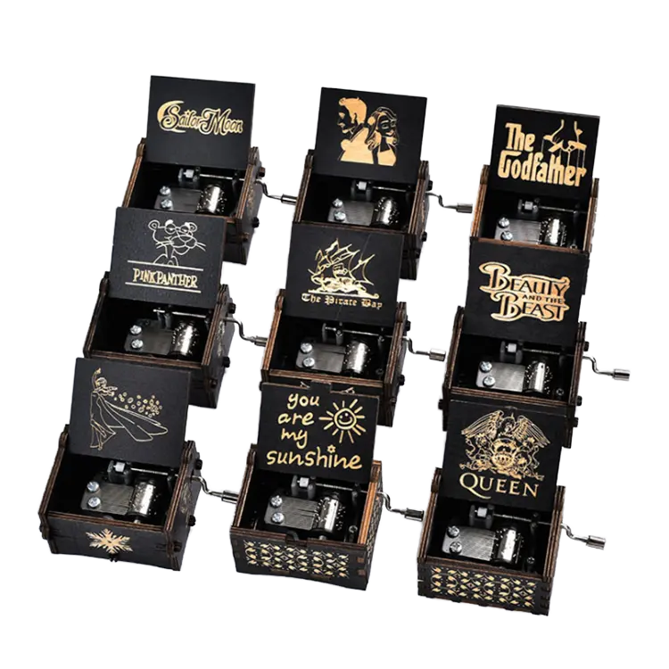 Hot Selling Custom DIY Wooden Music Box Colorful Laser Engraved Mini Hand Crank Eco-friendly Pre-recorded Cartoon Style Holiday