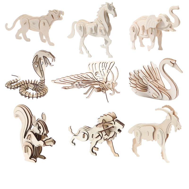 3D Wooden Animal World Puzzle DIY Kids' Animal Model Toy Cross-Border Wholesale