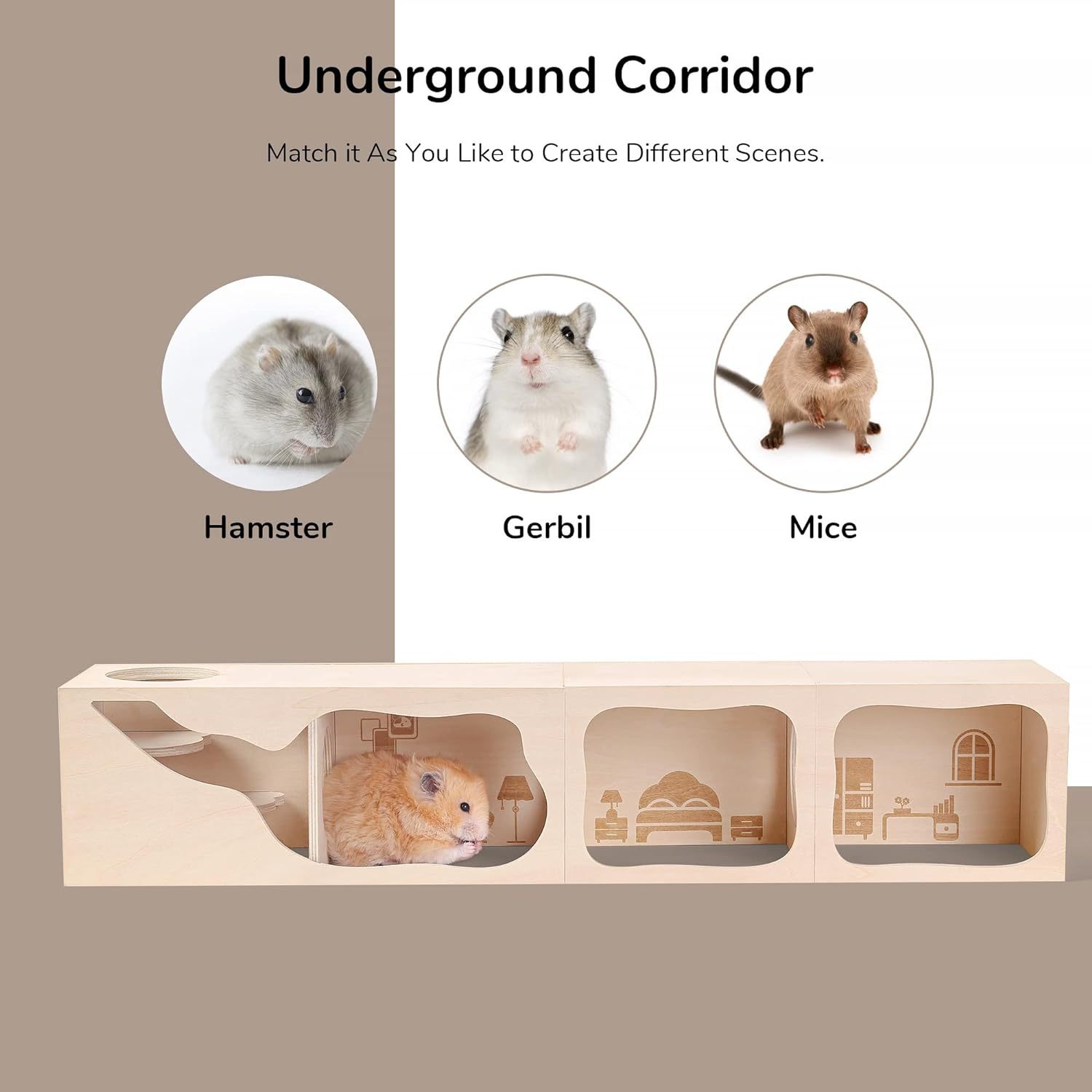 Hamster Hideout Eco-friendly Wooden Rectangle House Small Animals Tunnel Exploring Toys for Dwarf Hamsters Syrian Hamsters