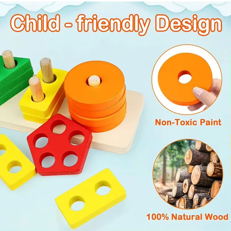 Montessori Toys Wooden Learning Puzzles Shape Sorting & Stacking Toys for Toddlers and Kids Preschool