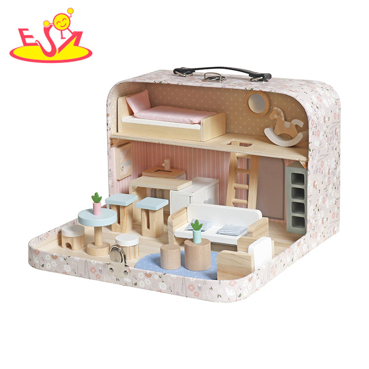 Floral Portable Suitcase Dollhouse Set with Mini Furniture and 2-Tier Living Space - All-in-One Travel Pretend Play Toy W06A651