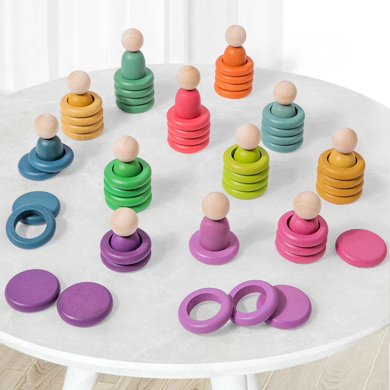 Hot Selling Rainbow Building Wooden Toys Puzzle Block Painted Wood Dolls Set for Kids Color Sorting Game Education