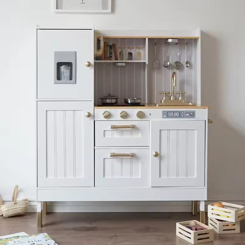 Children Wooden Role Play Simulation House White Sound-Light Kitchen Set Educational Pretend Kitchen Play Set Toys for Kids