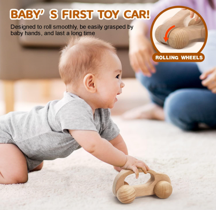 Natural Beech Wood Eco-friendly Baby Car Teething Toy Smooth Unfinished Wooden Hand Push Car for Toddler Grasp Training