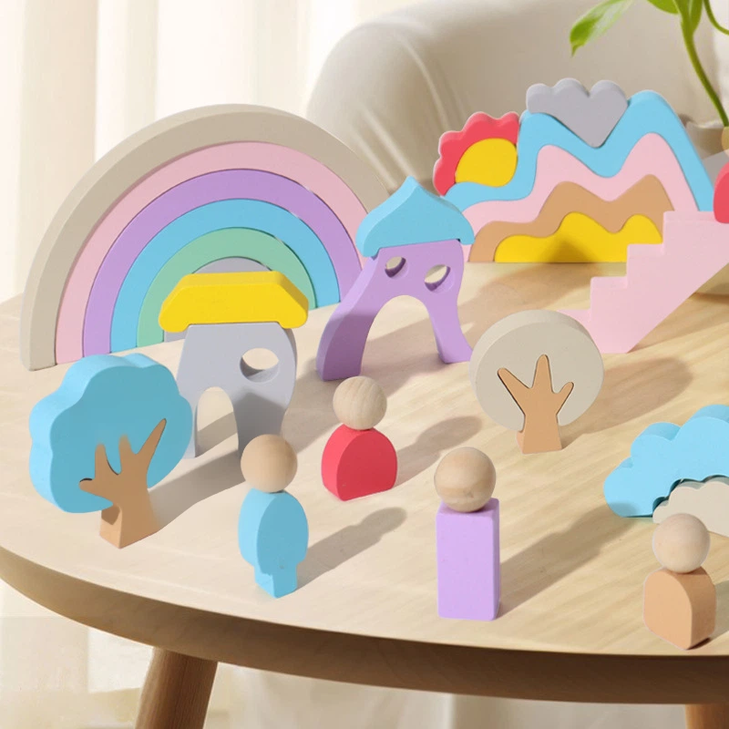 Cross-Border Children's Wooden Rainbow Building Blocks Educational Toy Color Cognition Creative Puzzle Early Learning Stacking