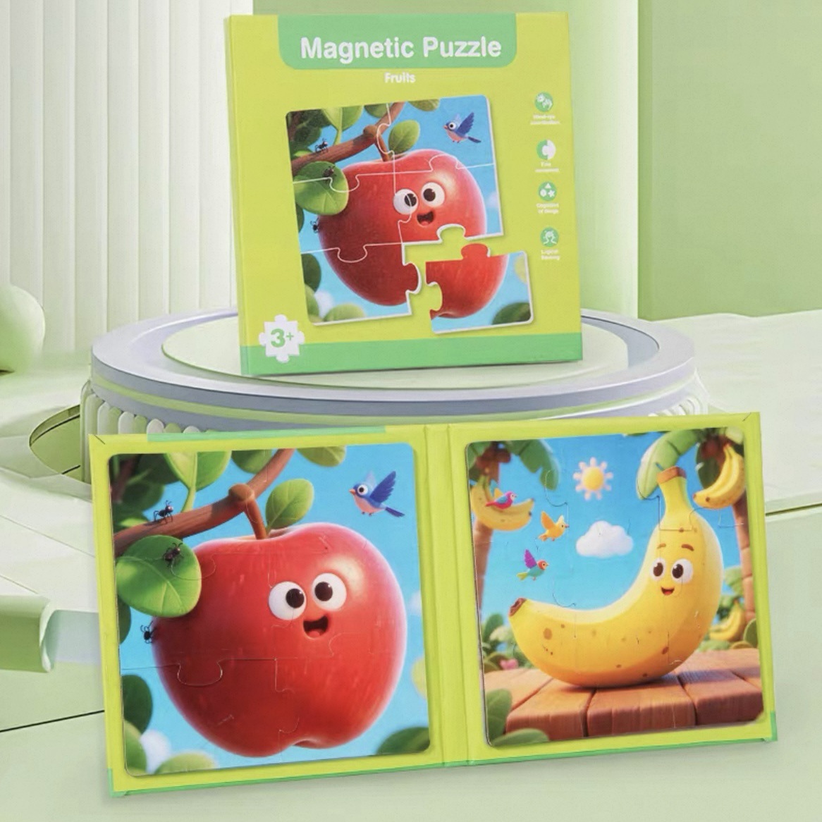 Wooden Children's Magnetic Puzzle Book Transportation Fruits Animals Educational Flat Puzzle Toy for Toddler Brain Development