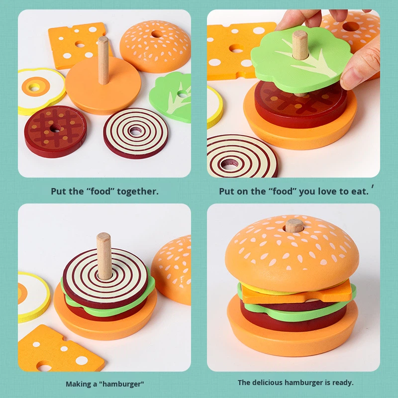 Cross-Border Wooden Children's Burger Fries Sandwich Set Column Matching Food Cutting Kitchen Toys 4-6 Years Old
