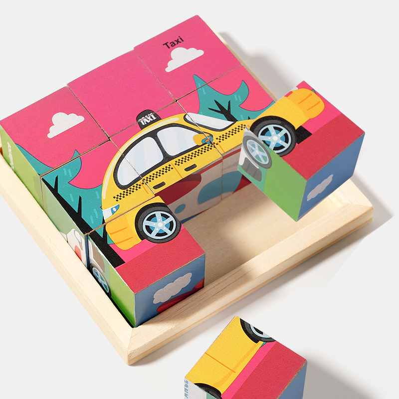 Children Wooden 6 Sides Animal 9 Cube Puzzle with Storage Tray Kids Educational Learning Montessori Toys for Toddlers