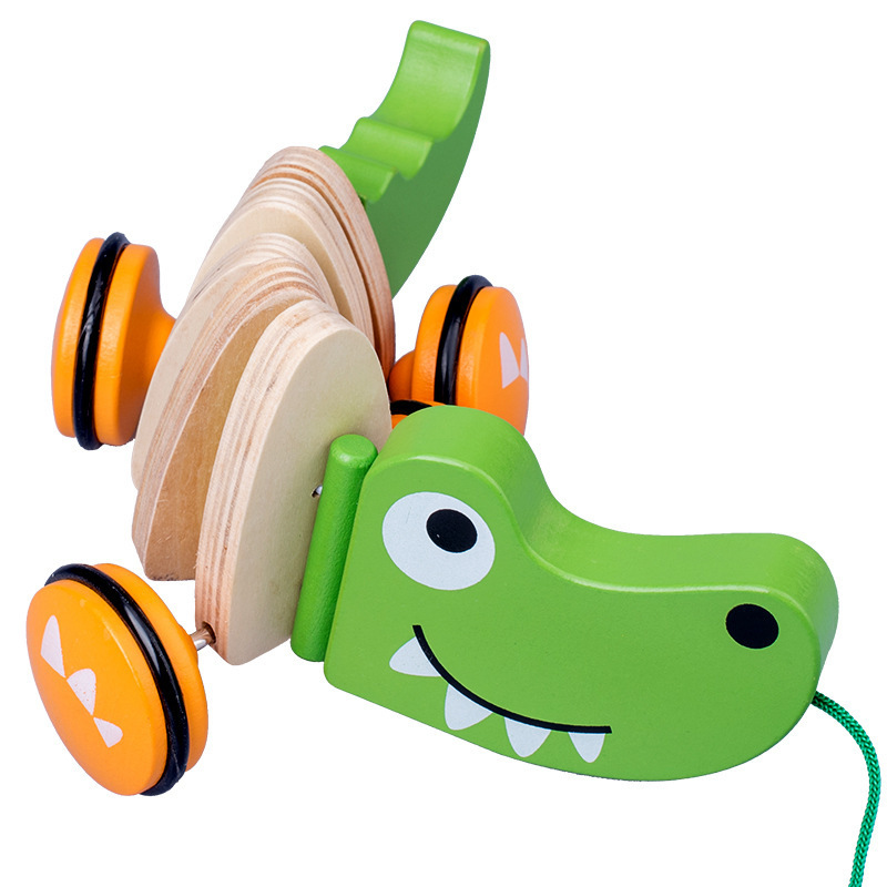 Children's Early Education Wood Rope Pulling Animal Crocodile Puppy Toddler Dragging Cart Funny Kids Animal Pull Car Toys