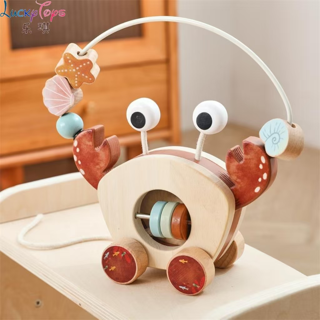 Montessori Wooden Crab Pull Along Car with Bead Maze Grasping &amp; Brain Training Motor Skills for Home Toddler &amp; Preschool Baby