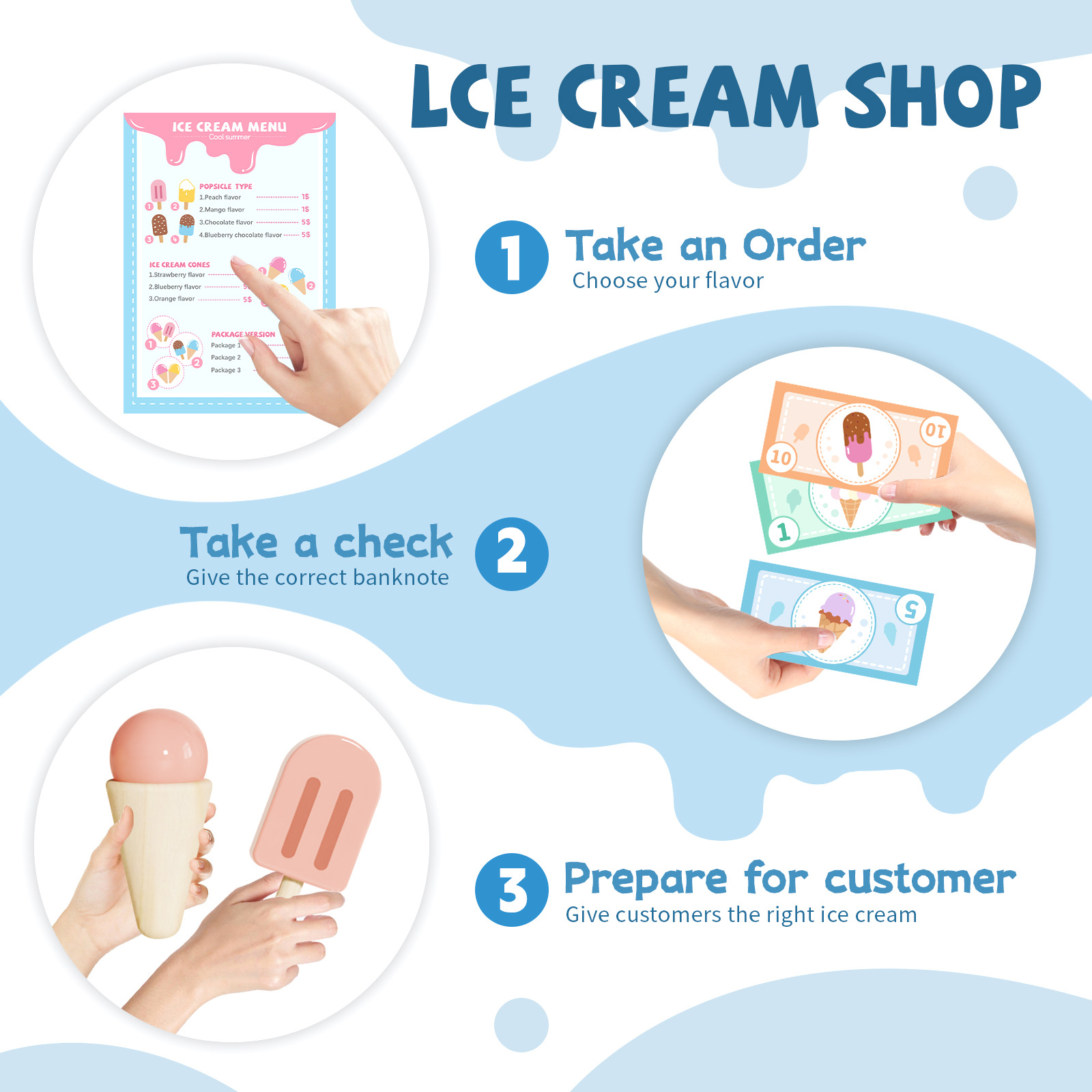 Children Wooden Ice Cream Shop Play to Learn Trolley Role Play Pretend Toy Kids Early Education Wooden Kitchen Toy