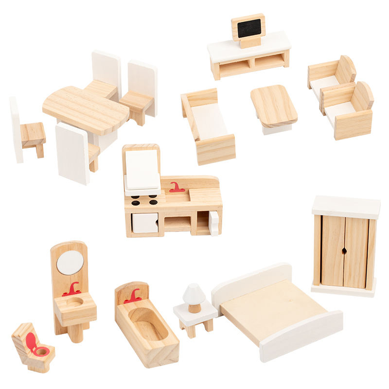 EDULAND OEM ODM CPC CE Montessori Wooden Doll House Furniture Toys Girls Pretend Play Furniture Accessories Set