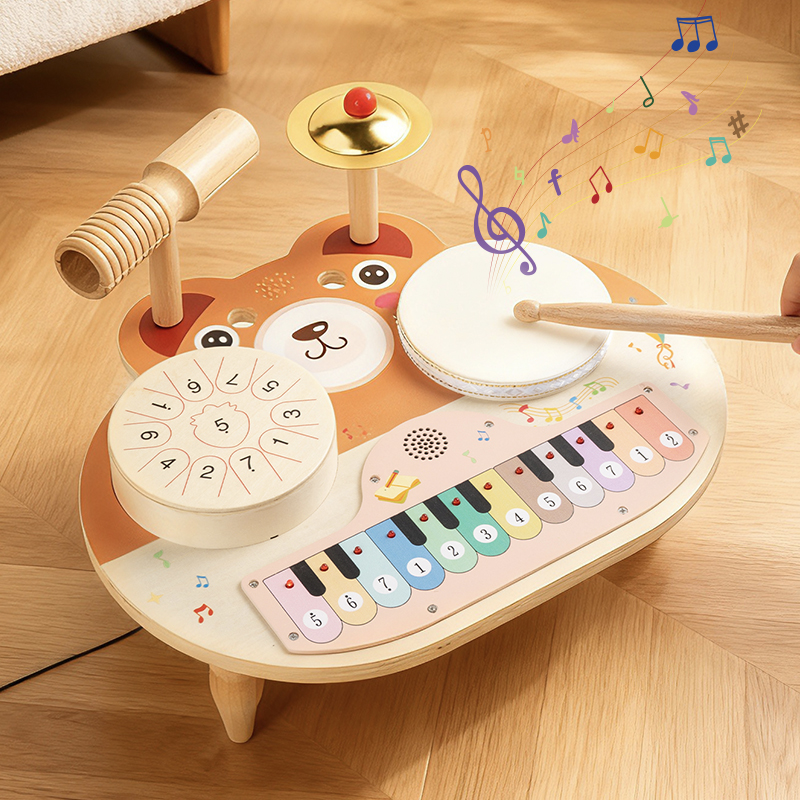 Qiaike Montessori Multifunctional 5 In 1 Music Station Baby Drum Kit Wooden Musical Instruments Toys With Drums Cymbals Piano