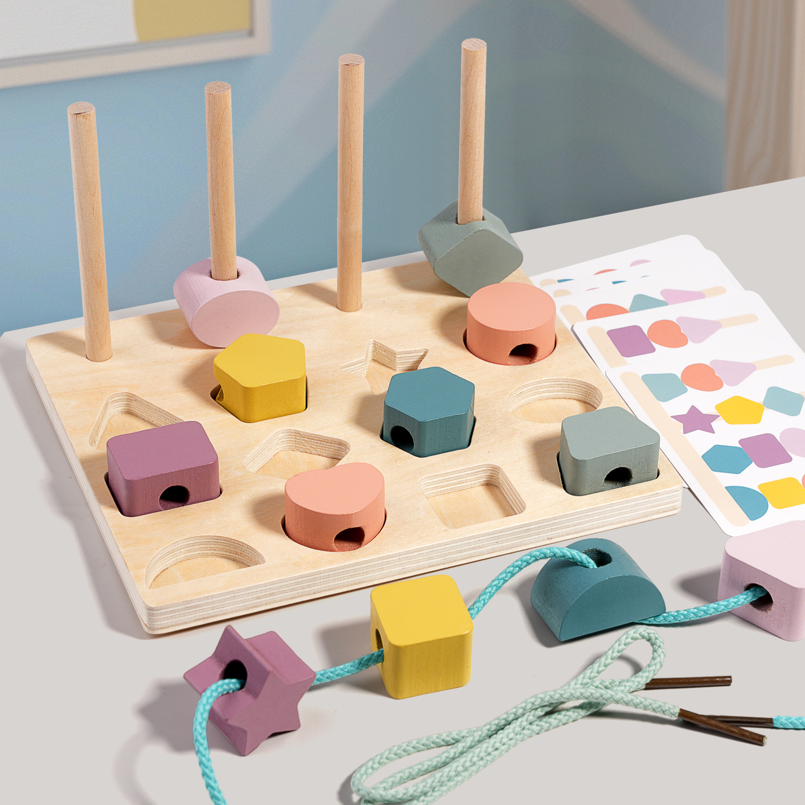 Montessori Children Wooden Macaron Building Block Sets Shape Cognition Stacking Match Games Baby Diy Toys for Kids Boys Girls