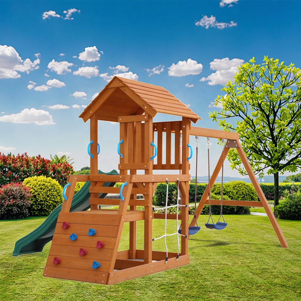 Children Wooden Outdoor Playground Climbing Frame Slide Kids Swing Set
