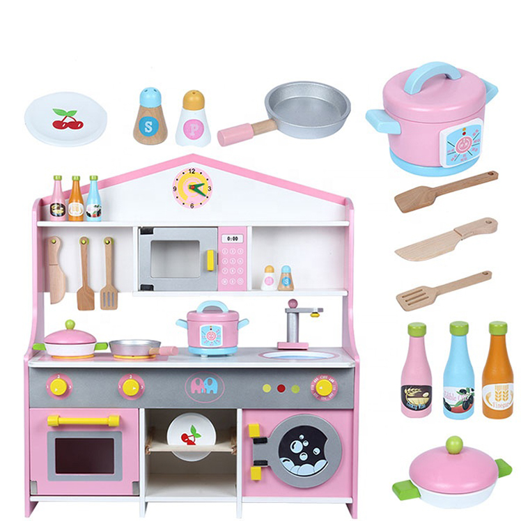 New Design Wooden DIY Kids Cooking Pretend Play Kitchen Cabinet Educational Toy Sets for Girls and Boys