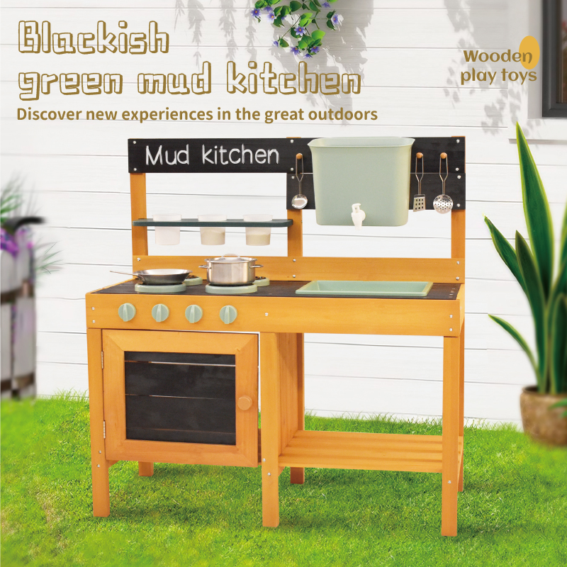 COMMIKI Wooden Outdoor Mud Kitchen for Kids with Sink Stove Tool Table Pretend Cooking Toy for Garden Preschool Water Play