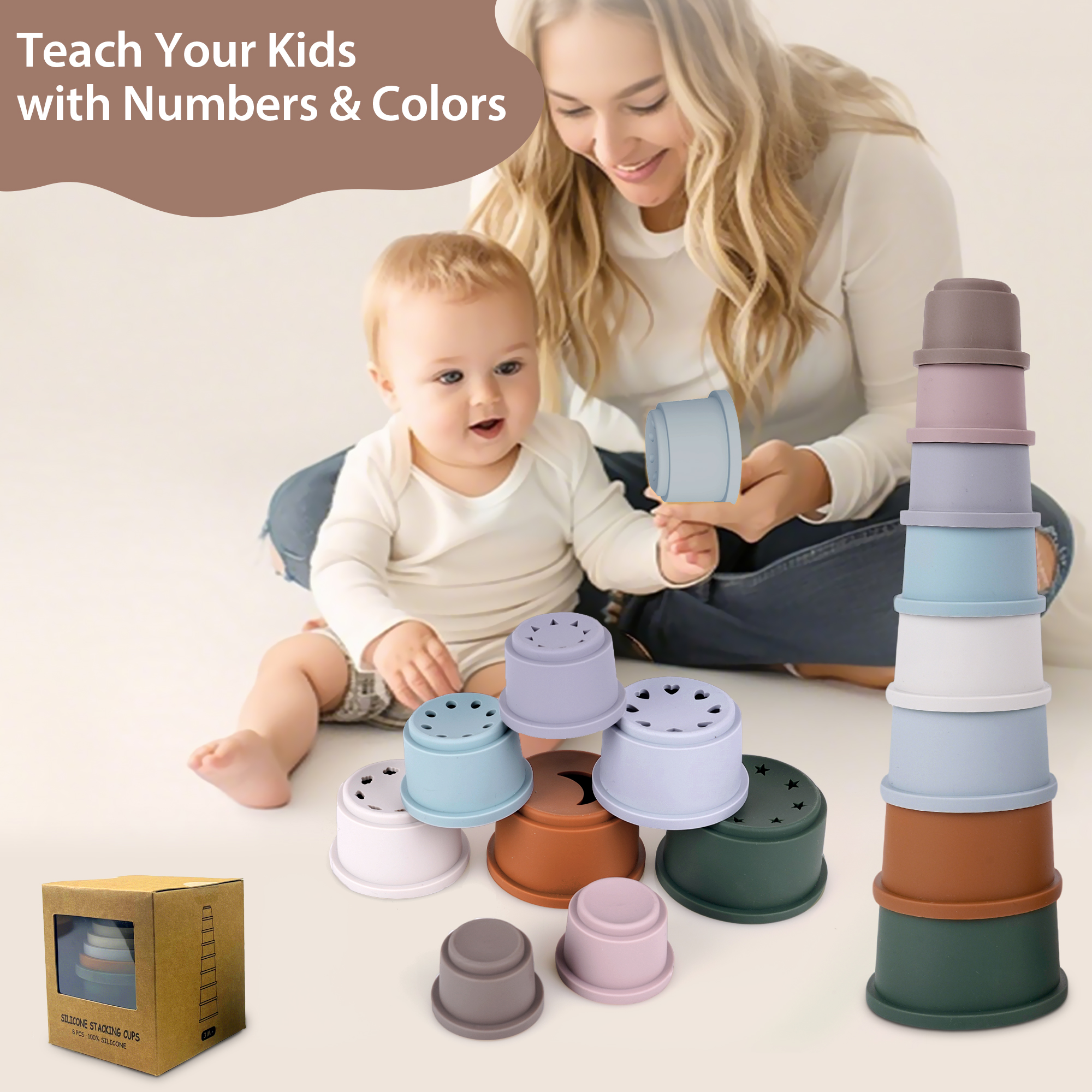 Kids 7Pcs Baby Play Educational Silicone Block Set Stacking Toys For Babies &amp; Toddlers Training Eating
