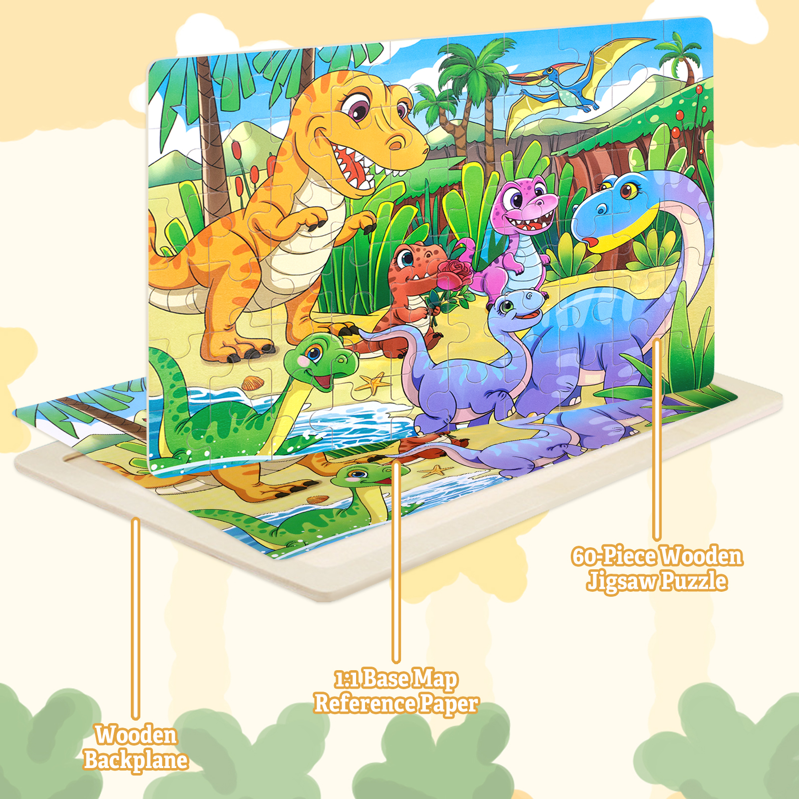 Wholesale 60 Pieces Dinosaur Wooden Puzzle Board 4 in 1 Jigsaw Puzzles Montessori Educational Learning Toys for Kids Toddlers