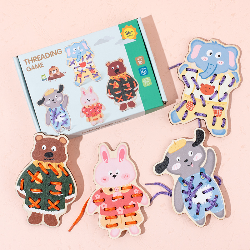 Children Early Education Toy Baby Montessori Activity Wooden Threading Game Kids Fine Motor Skill Lacing Threading Toys