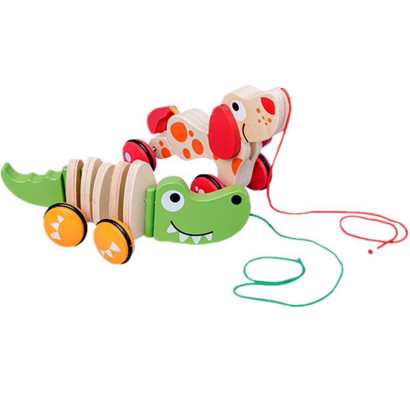 Children's Early Education Wood Rope Pulling Animal Crocodile Puppy Toddler Dragging Cart Funny Kids Animal Pull Car Toys