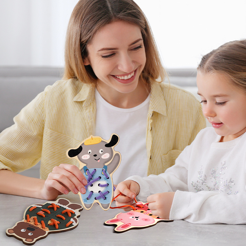 Children Early Education Toy Baby Montessori Activity Wooden Threading Game Kids Fine Motor Skill Lacing Threading Toys