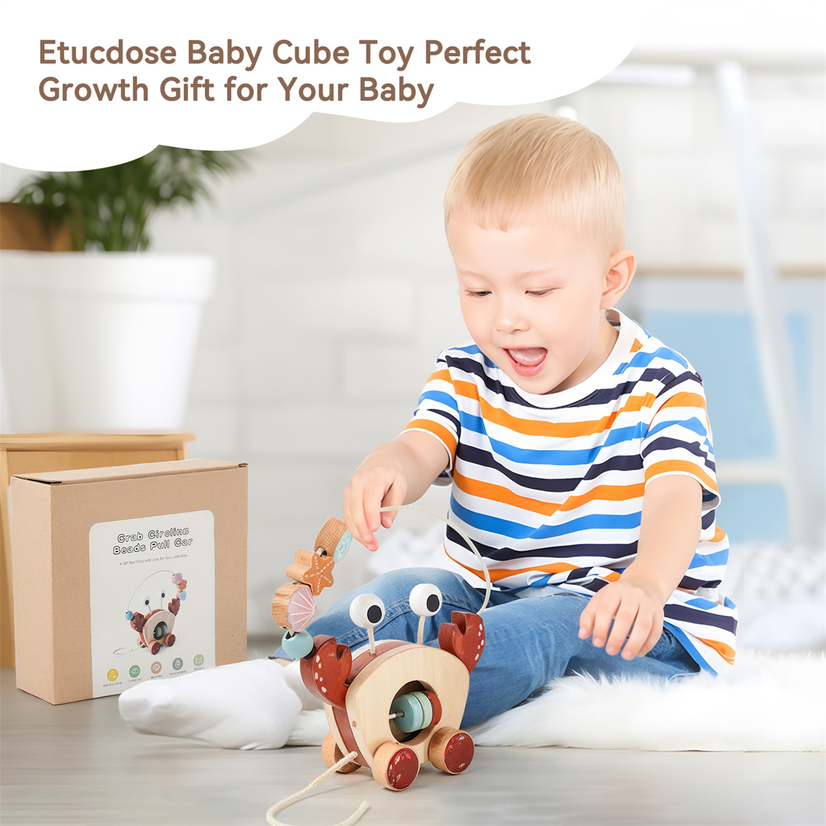 Crab Montessori Wooden Crab Pull Along Toy for Toddlers, Baby Bead Maze &amp; Rattle Educational Walking Toy Wooden Educational Toys