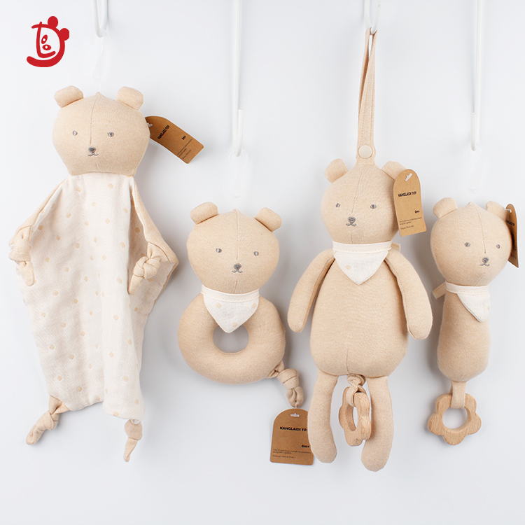 Factory Custom Baby Sensory Rattle Plush Toy Organic Floppy Bear Animal Design Wooden Teething Chew Toy Baby Rattle Wood