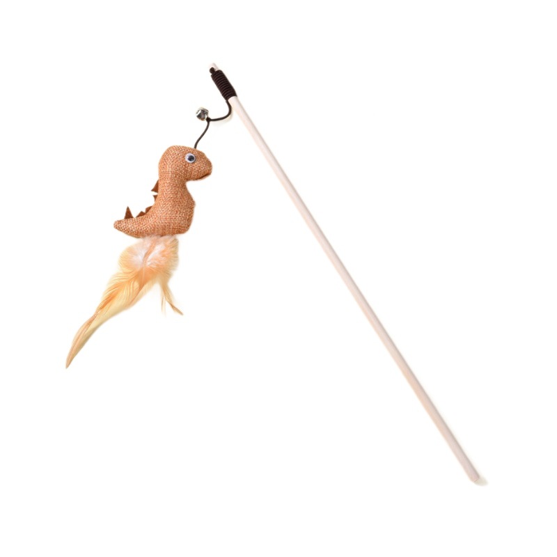 Interactive Eco-Friendly Durable Wood Cat Toy Feather Bell Playing Rod Teaser Linen Wooden Pole Teeth Cleaning Feature